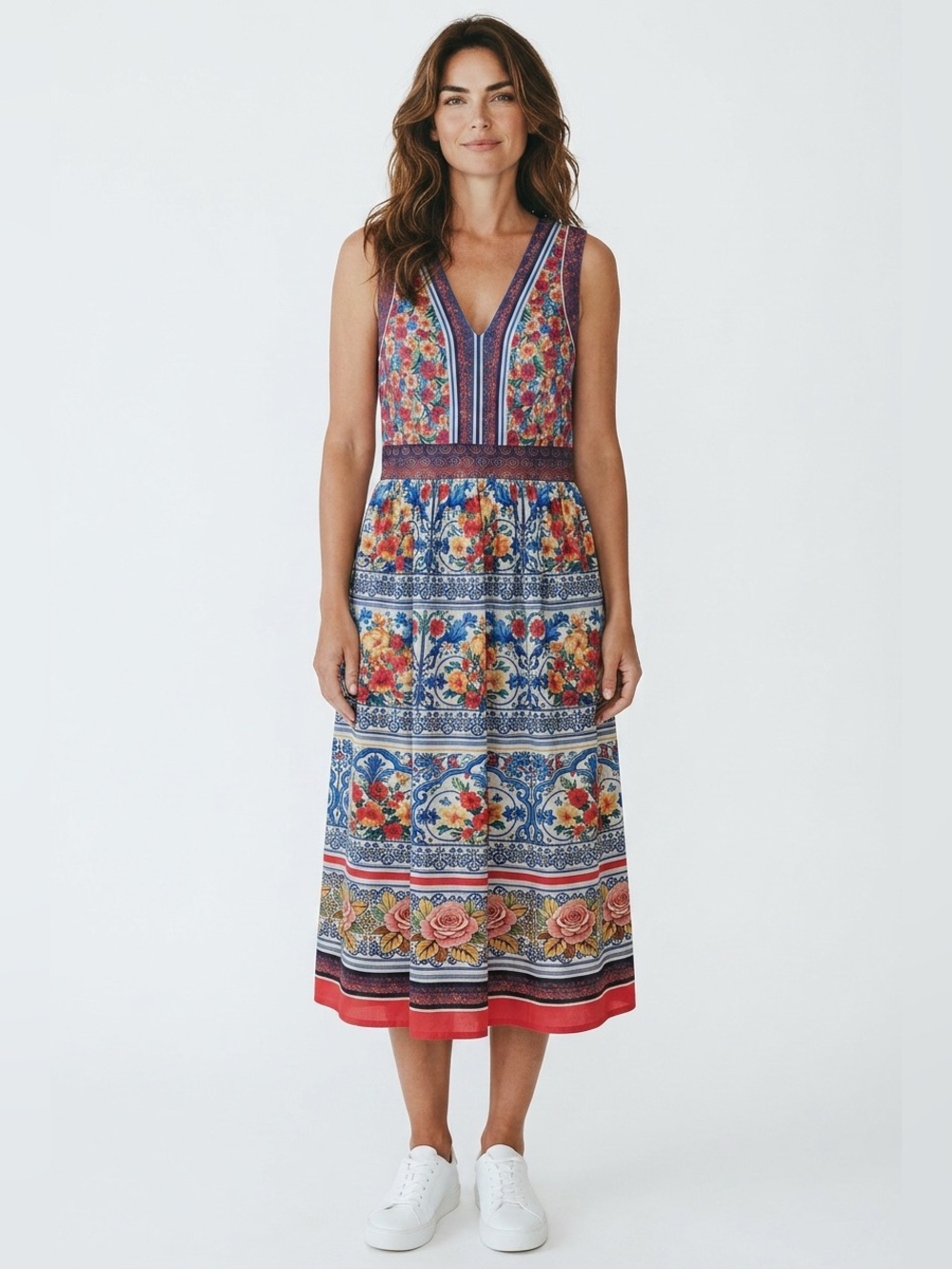 Averie Floral V-Neck Midi Dress in Multicolor